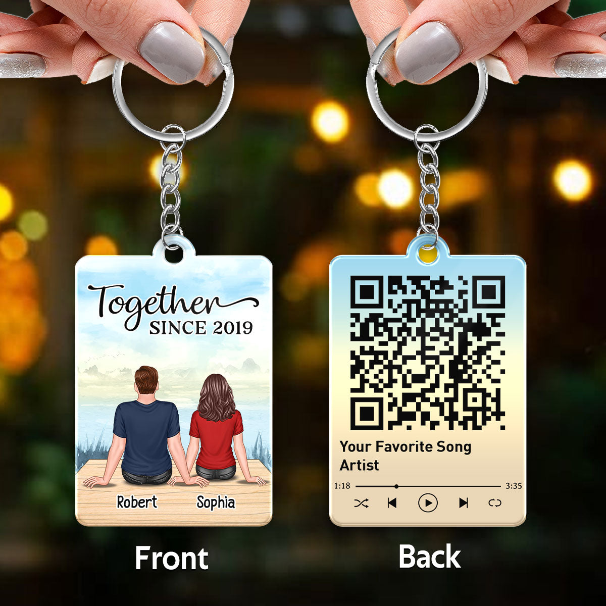 Couple Back View Sitting At Lake Favorite Song Scannable QR Code Personalized Acrylic Keychain