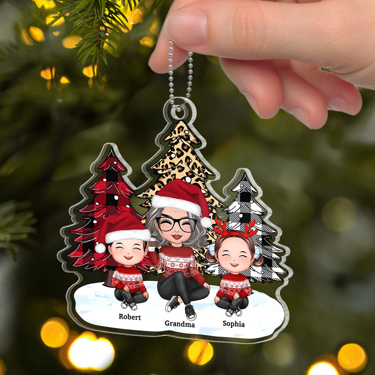 Leopard Checkered Pattern Tree Grandma Grandkids Happy Face Personalized Acrylic Ornament