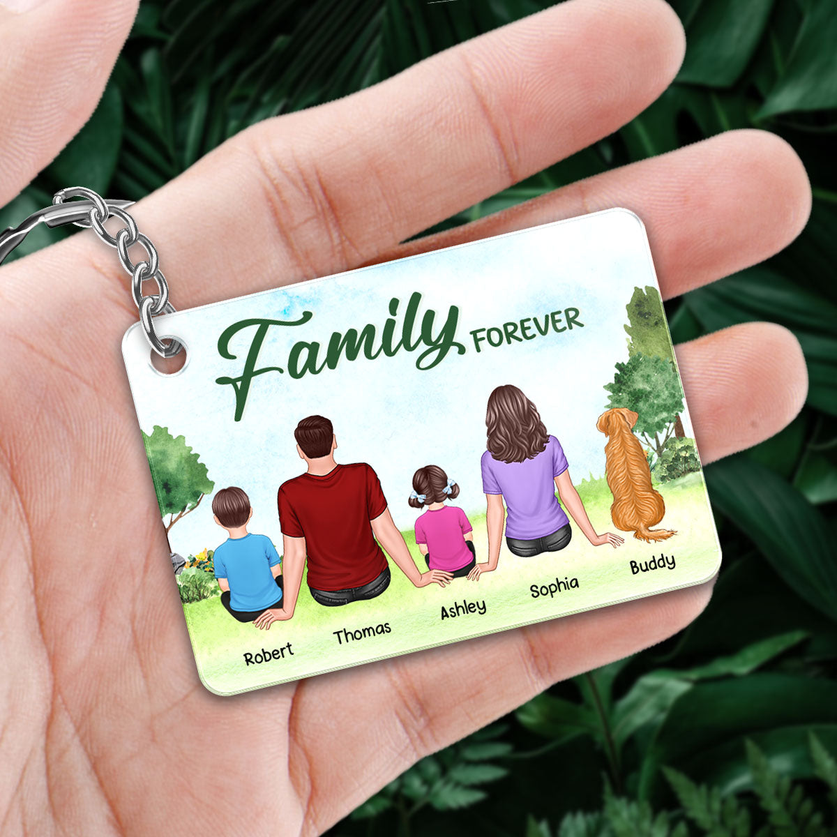 Whole Family Sitting Back View Couple Kid Dog Cat Personalized Acrylic Keychain