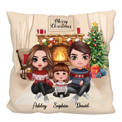 Family Sitting In Front Of Fireplace Personalized Pillow (Insert Included)