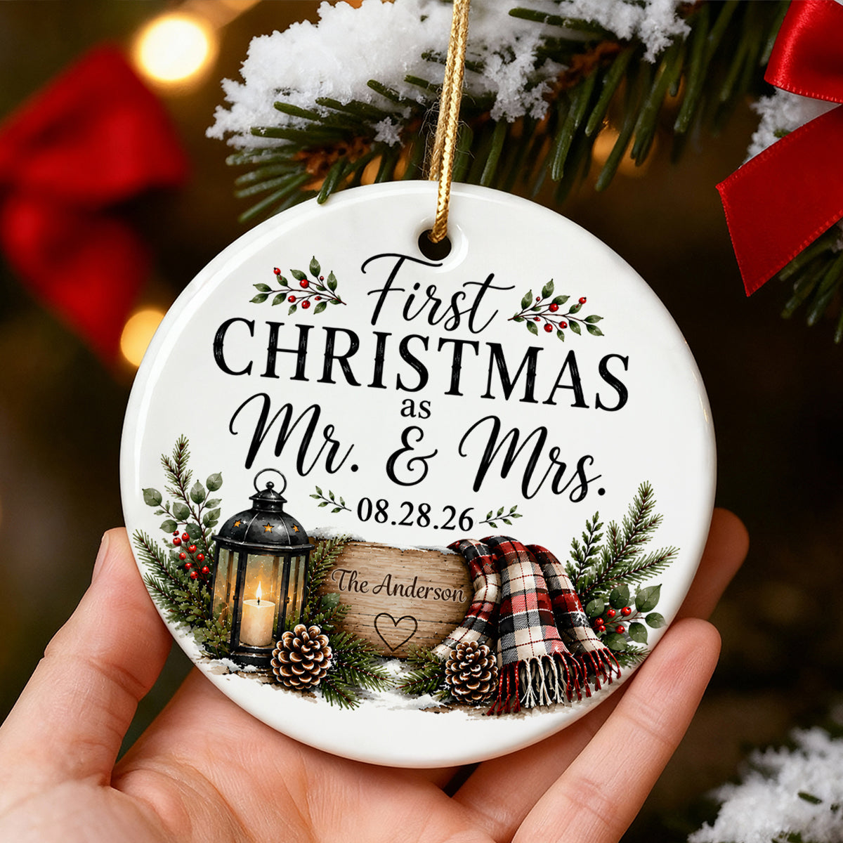 First Christmas as Mr & Mrs - Personalized Ceramic Ornament - Newlywed Rustic Gift, Heartfelt Christmas Keepsake