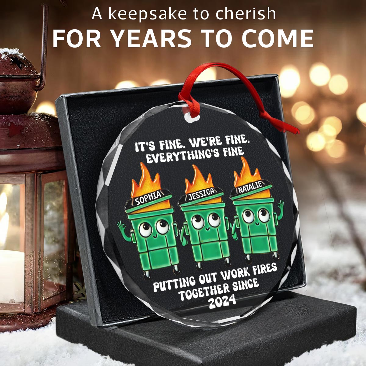 Putting Out Work Fires Together Work Bestie Dumpster Fire Funny Gift For Colleagues Personalized Glass Ornament