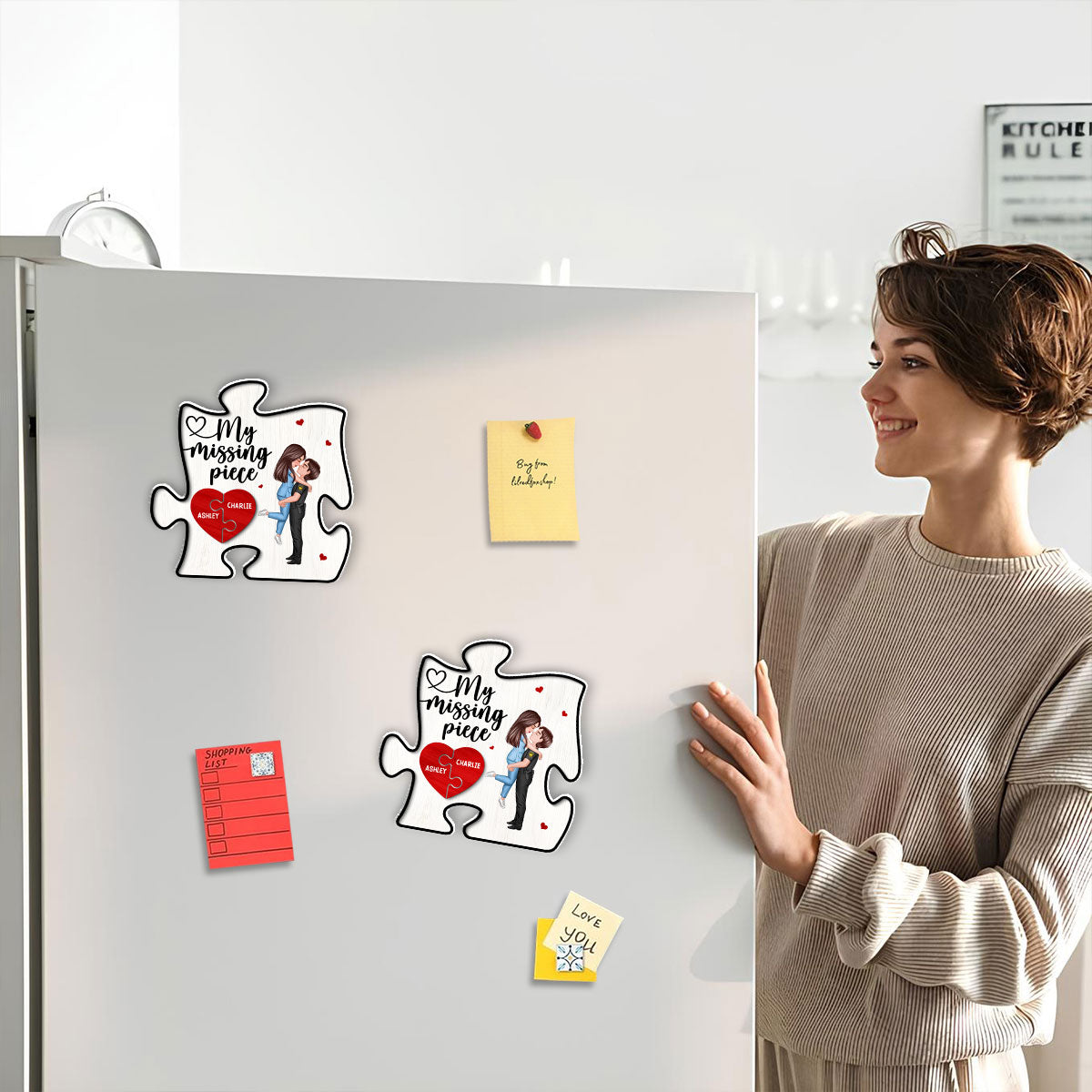 My Missing Piece Couple Hugging Kissing Puzzle Shaped Personalized Acrylic Fridge Magnet
