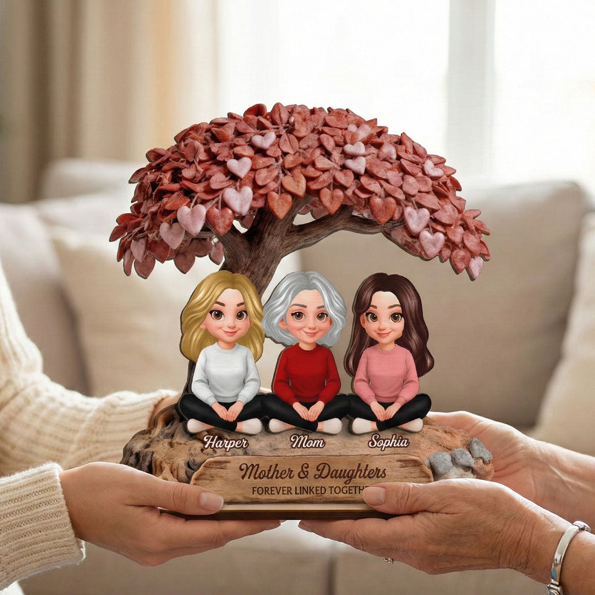 Mom And Daughter Son Under Heart Tree - Personalized 2-Layered Wooden Plaque - Mother's Day Gift For Mom