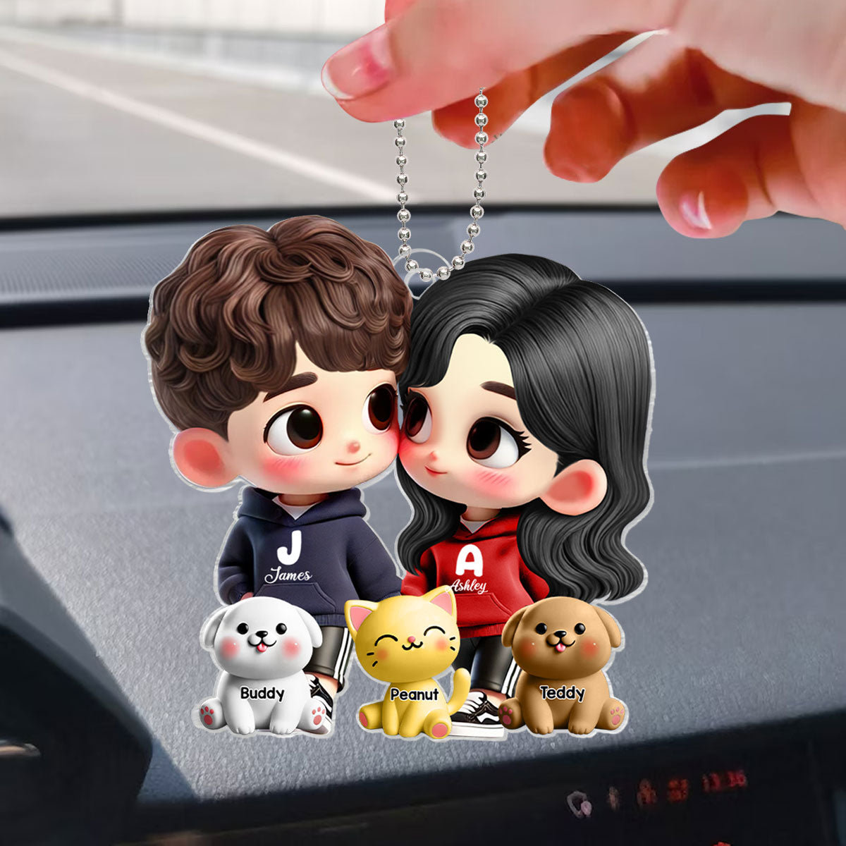 3D Effect Cute Cartoon Couple Holding Hands with Dogs Cats Personalized Acrylic Car Hanger, Anniversary &  Gift for him, Gift for her