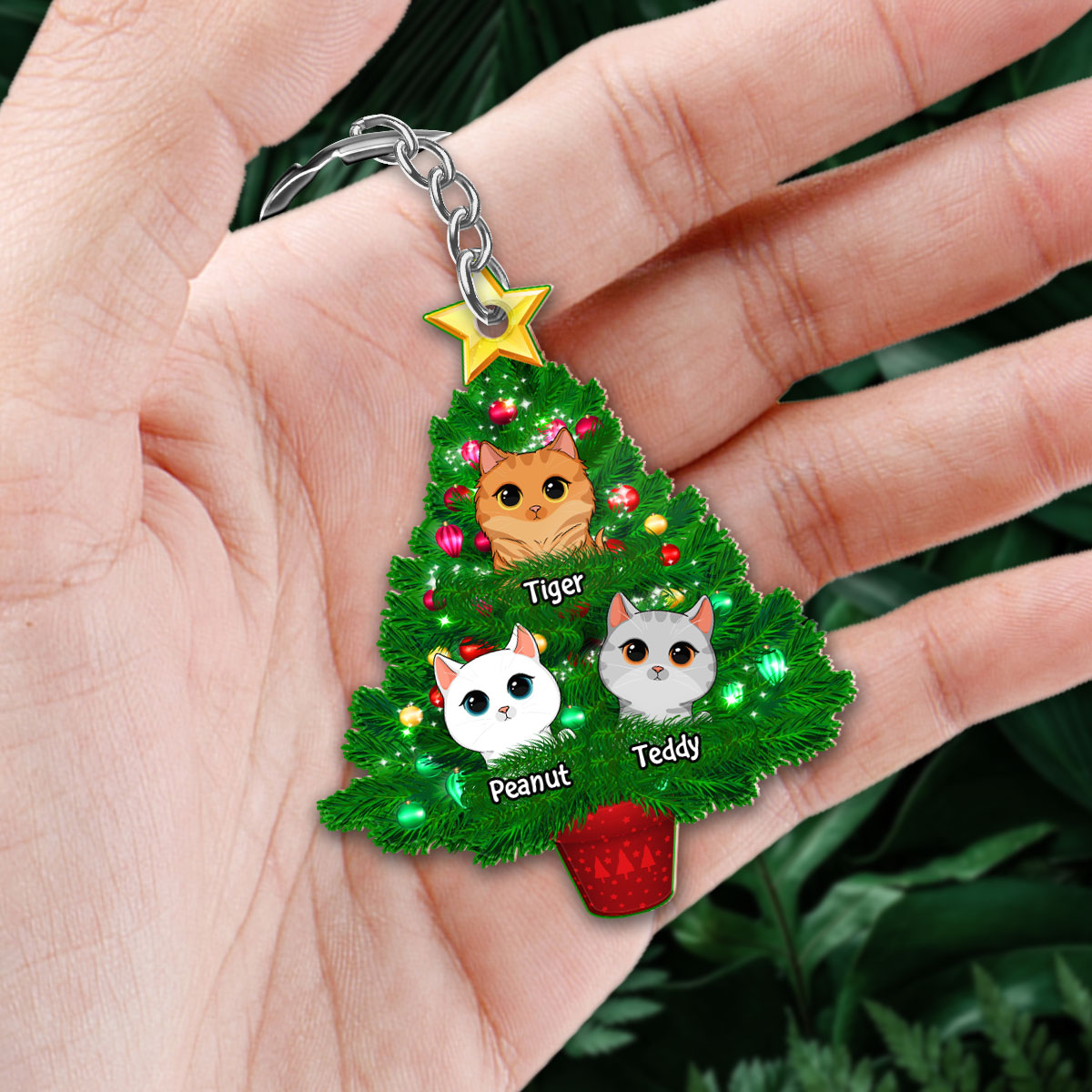 Cats On Christmas Tree Personalized Wooden Keychain