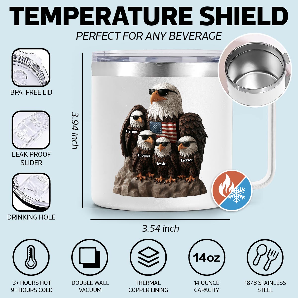 Patriotic Eagle Grandpa Dad & Kids 3D Effect Personalized Stainless Steel Tumbler With Handle