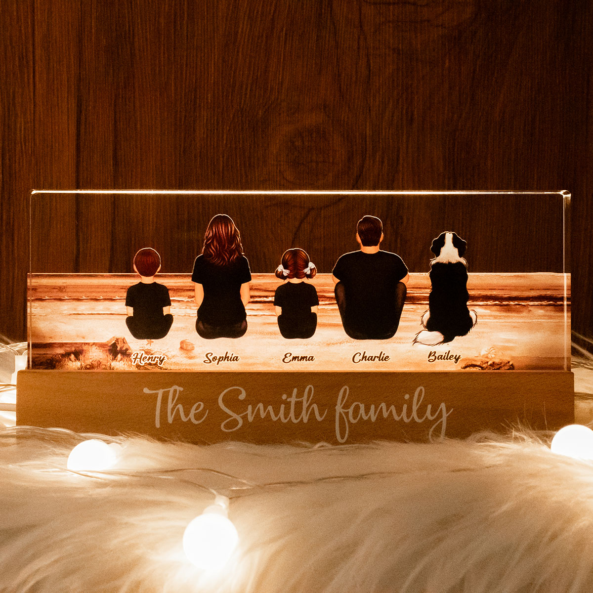 Family Sitting Back View Retro Vintage Beach Landscape Acrylic LED Night Light, Christmas Gift for Mom, Gift for Grandma, Gift for Wife