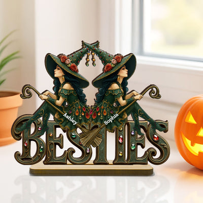 Halloween Gothic Vintage Besties Sisters Sitting On Text Personalized Standing Wooden Plaque