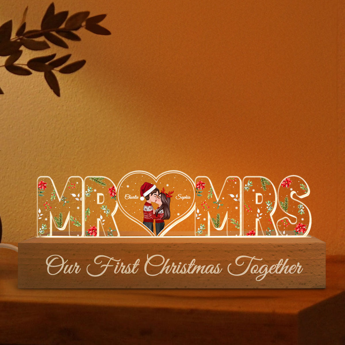 Mr and Mrs Couple Kissing Under Mistletoe Personalized LED Night Light, Christmas Gift for Newlywed, Anniversary Gift For Couple