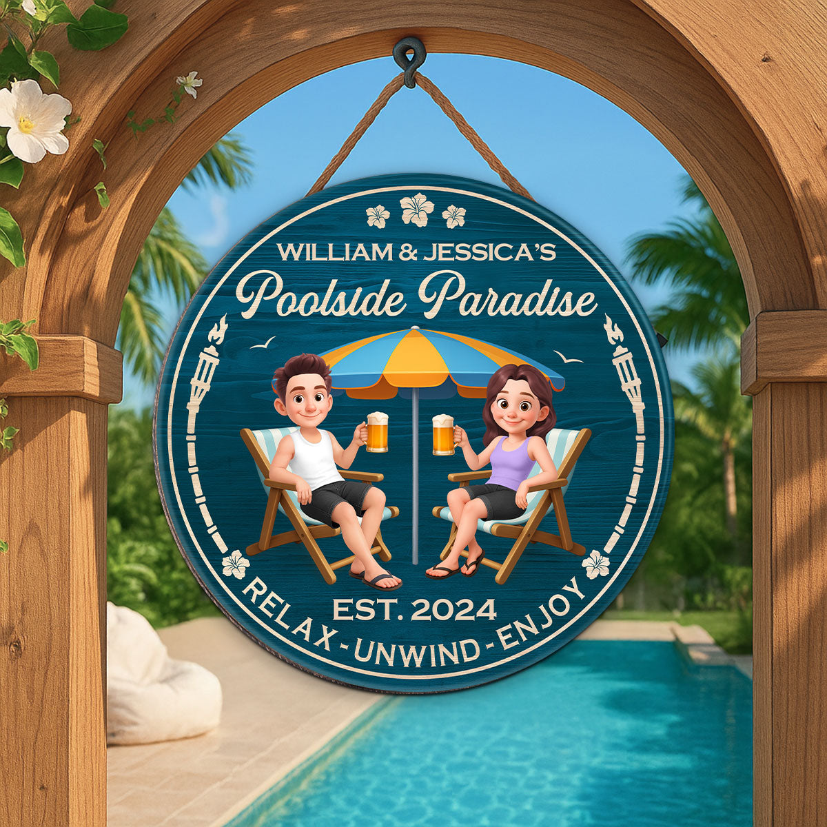 Couple Blue Ocean Poolside Paradise Personalized Wood Sign
