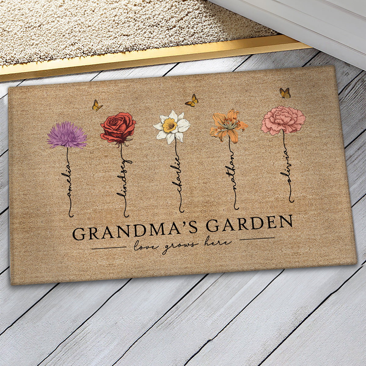 Grandma‘s Garden Love Grows Here Vintage Birth Flower Swirl Name - Personalized Doormat - Gift For Her, Grandma, Mom