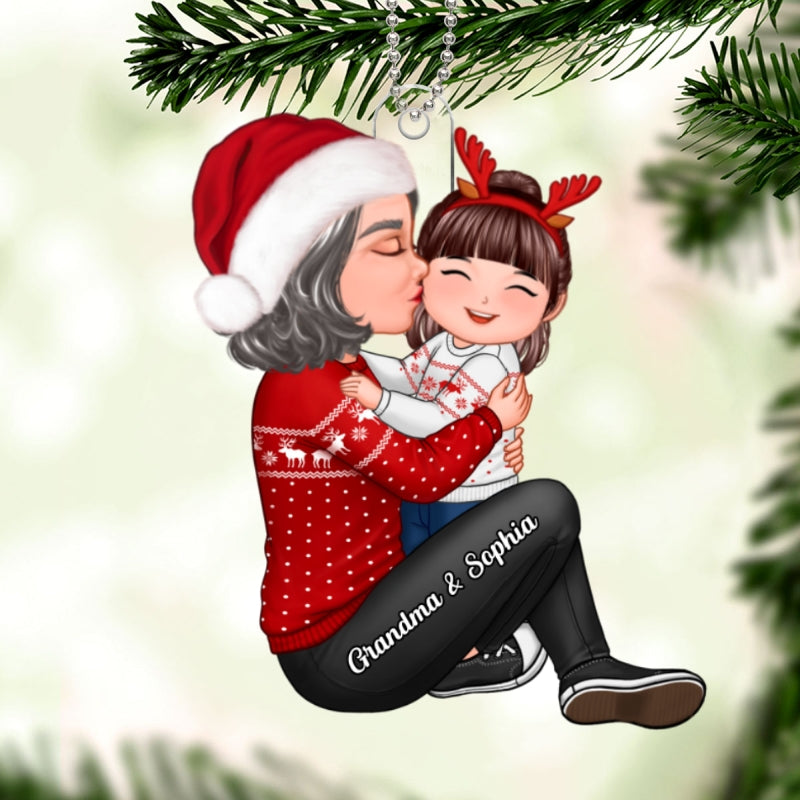 Christmas Grandma Kissing Grandkid - Personalized Acrylic Ornament - Heartwarming Gift For Granddaughter Grandson