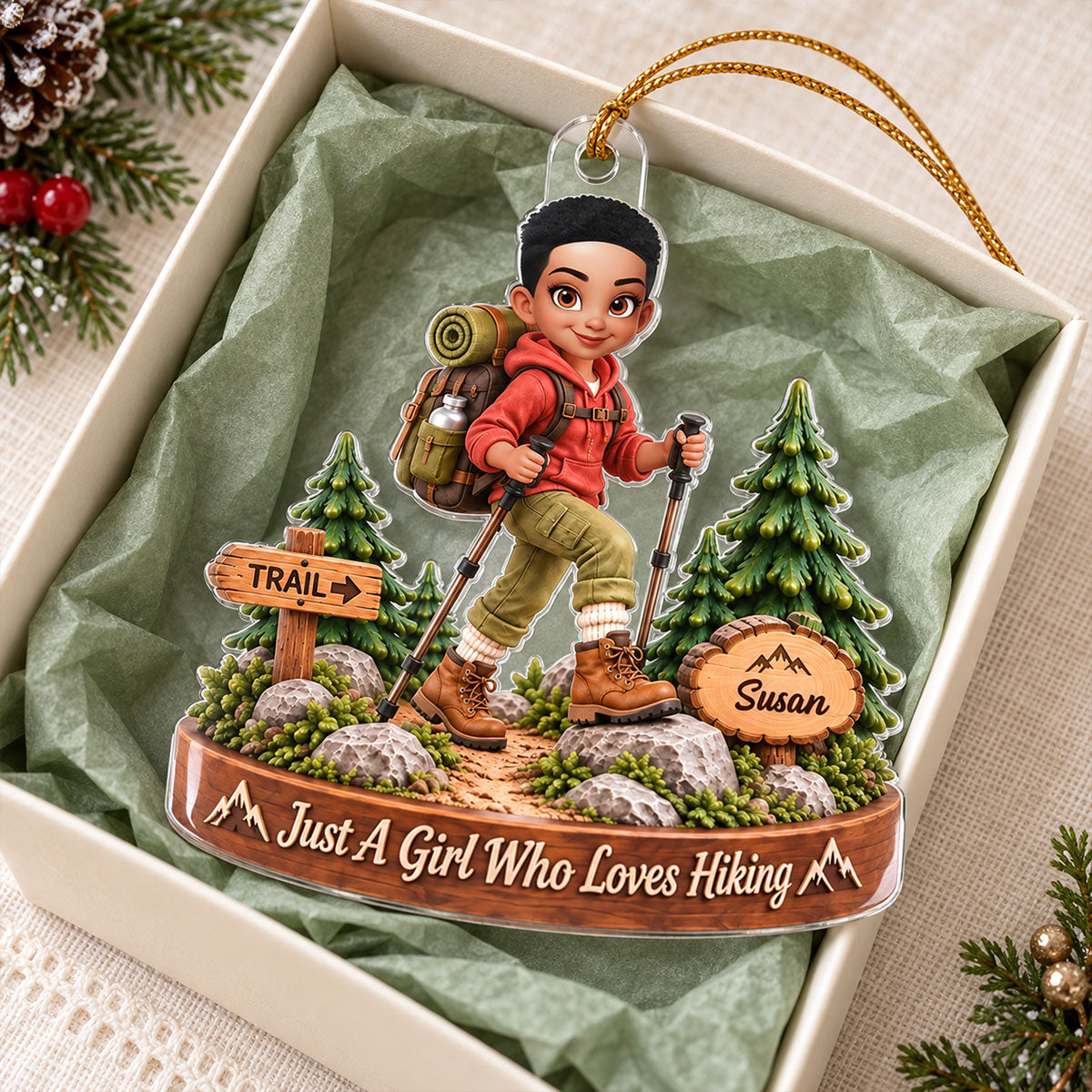 Just a Girl Who Loves Hiking - Personalized Acrylic Ornament - Christmas Gift for Daughter, Granddaughter