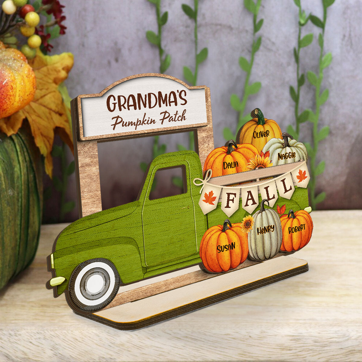 Grandma Fall Season Truck Pumpkins Personalized Standing Wooden Plaque
