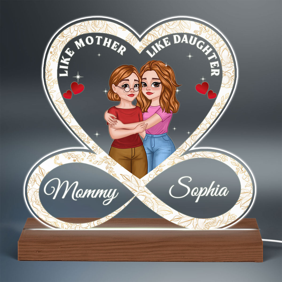 Infinity Heart Hugging Cartoon Mom Daughter Personalized Custom Shape Acrylic Plaque With LED Night Light