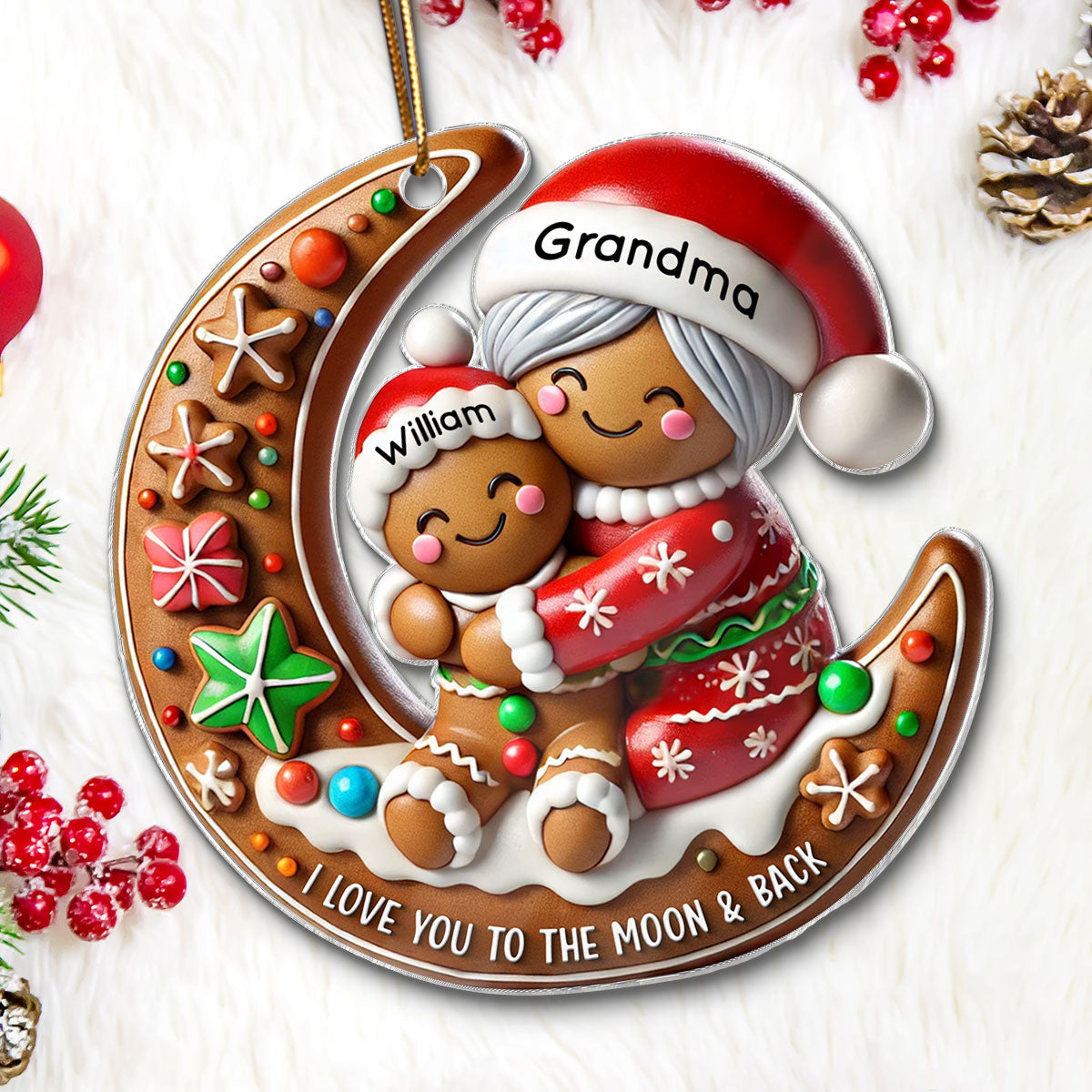 3D Effect Gingerbread Grandma Hugging Grandkid On Moon Christmas - Personalized Acrylic Ornament - Gift For Granddaughter, Grandson