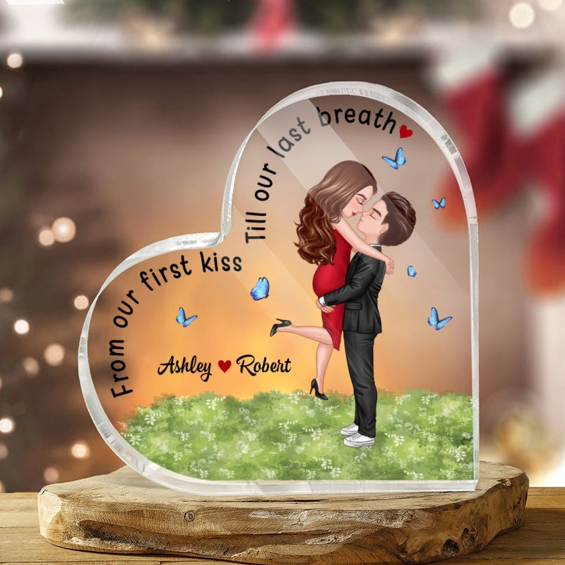 Our First Kiss Hugging Couple Personalized Acrylic Heart Plaque