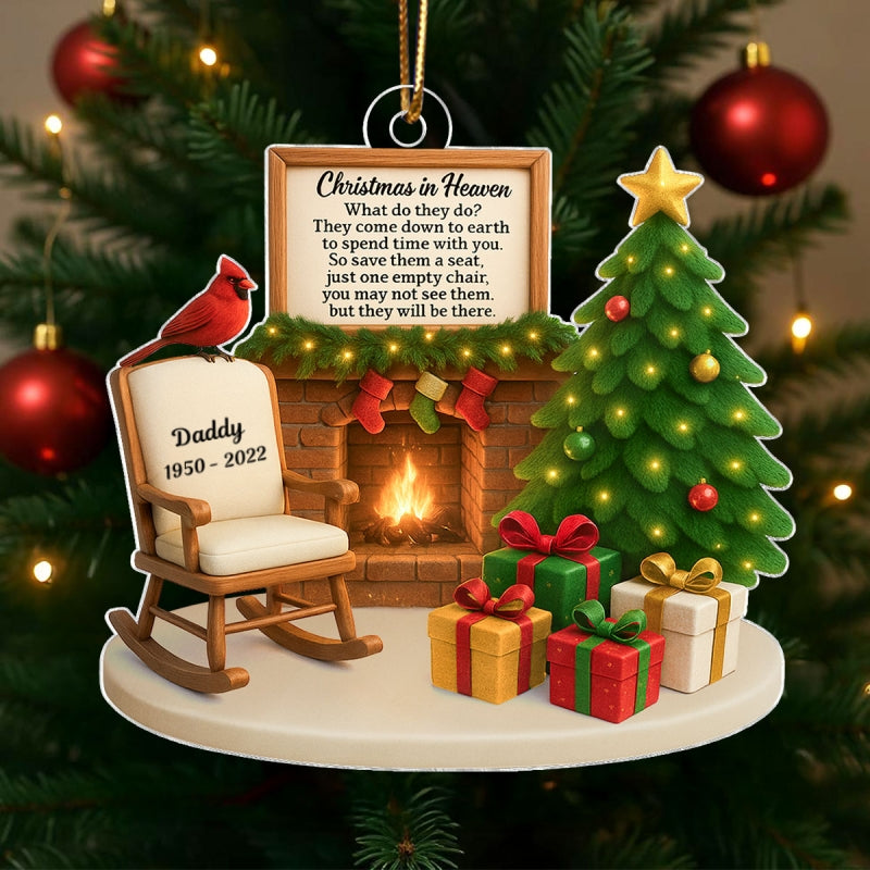 Christmas In Heaven Cardinal On Chair 3D Effect Personalized Acrylic Ornament, Heartwarming Memorial Sympathy Gift