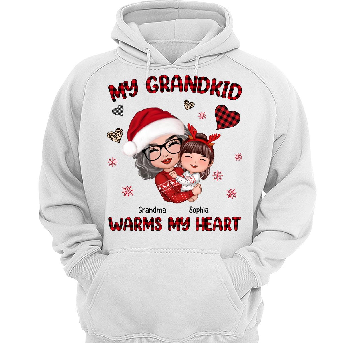 Christmas Patterns Hearts Doll Grandma Hugging Kid My Grandkids Warm My Heart Personalized Shirt