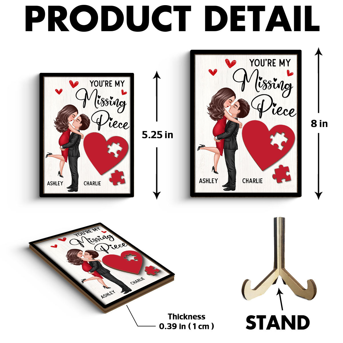 Couple Missing Piece Red Heart Valentine‘s Day Gift Personalized 2-layer Rectangle Wooden Plaque