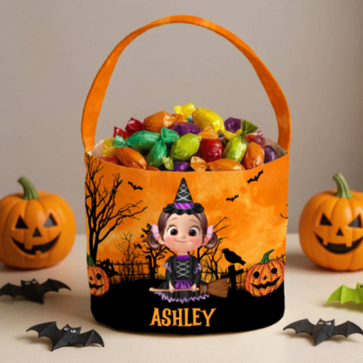 Halloween 3D Background Cartoon Kids Personalized Trick or Treat Basket