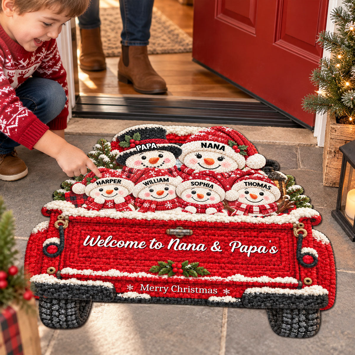 Christmas Cute Snowman Family On Truck 2D Flat Printed - Personalized Doormat - Christmas Decor For Family, Grandparents