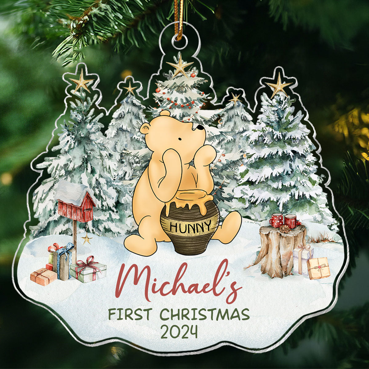 Cute Bear Character Baby's First Christmas Personalized Acrylic Ornament, Christmas Gift For Newborns, New Parents