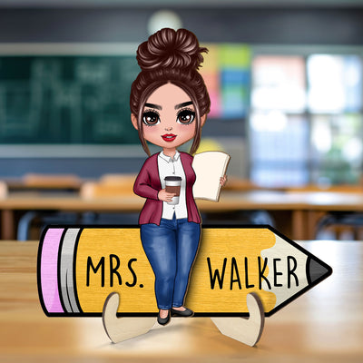 Doll Teacher Sitting On Pencil Personalized 2-Layer Wooden Plaque, Back To School Gift For Teacher, Teacher Appreciation Gift