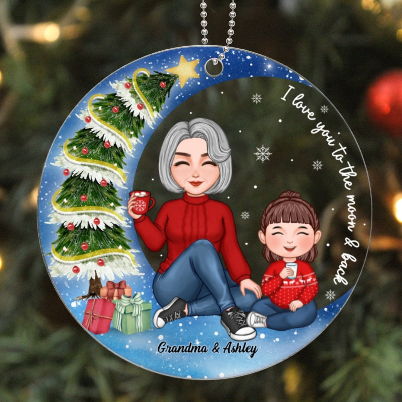 Christmas Tree In Moon Cute Grandma & Grandkid Sitting Personalized Acrylic Ornament