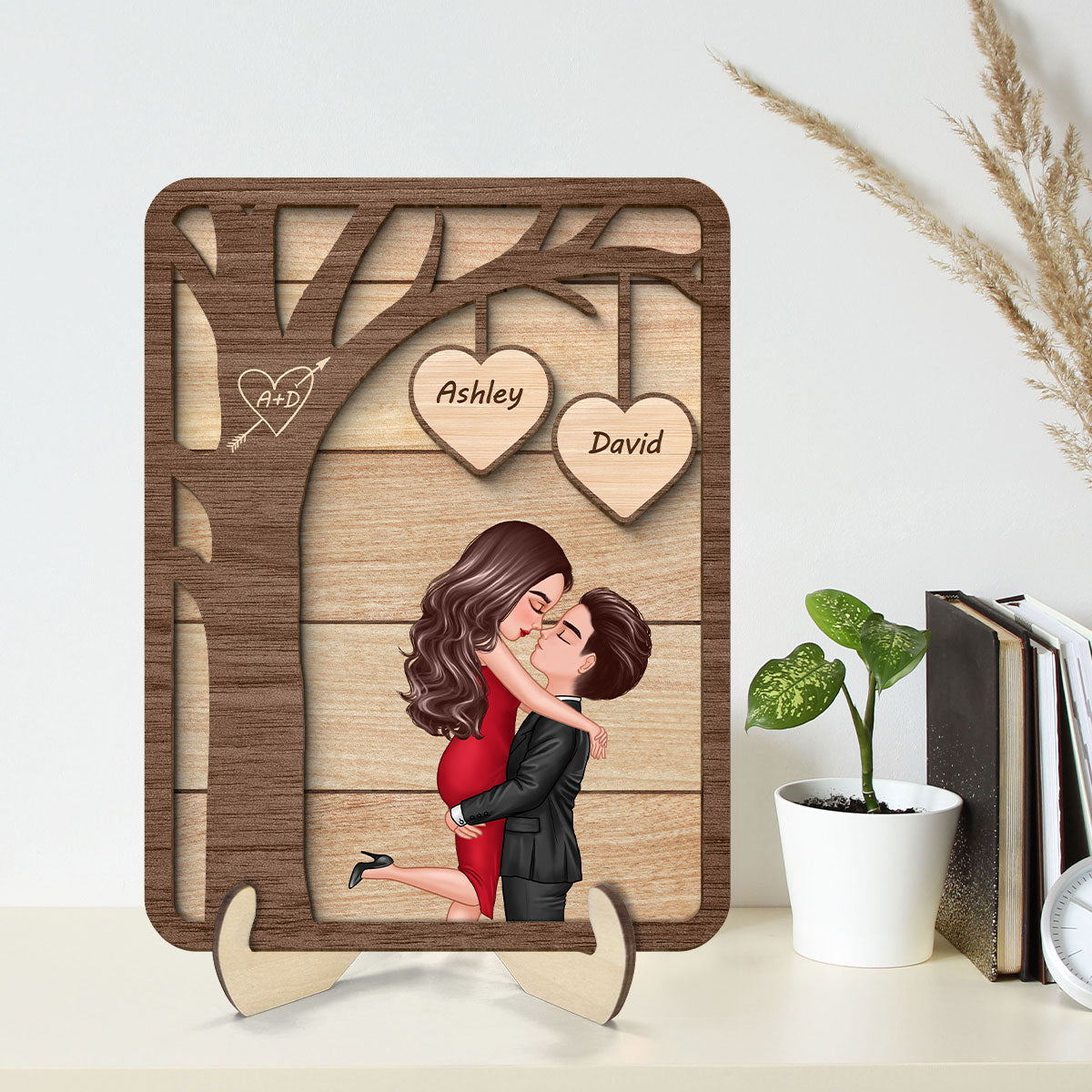 Couple Hugging Kissing Under Tree Valentine‘s Gift For Him For Her Personalized 2-Layer Wooden Plaque
