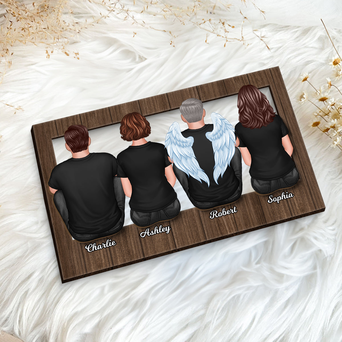 Family Sitting Back View Frame Personalized 2-Layer Wooden Plaque