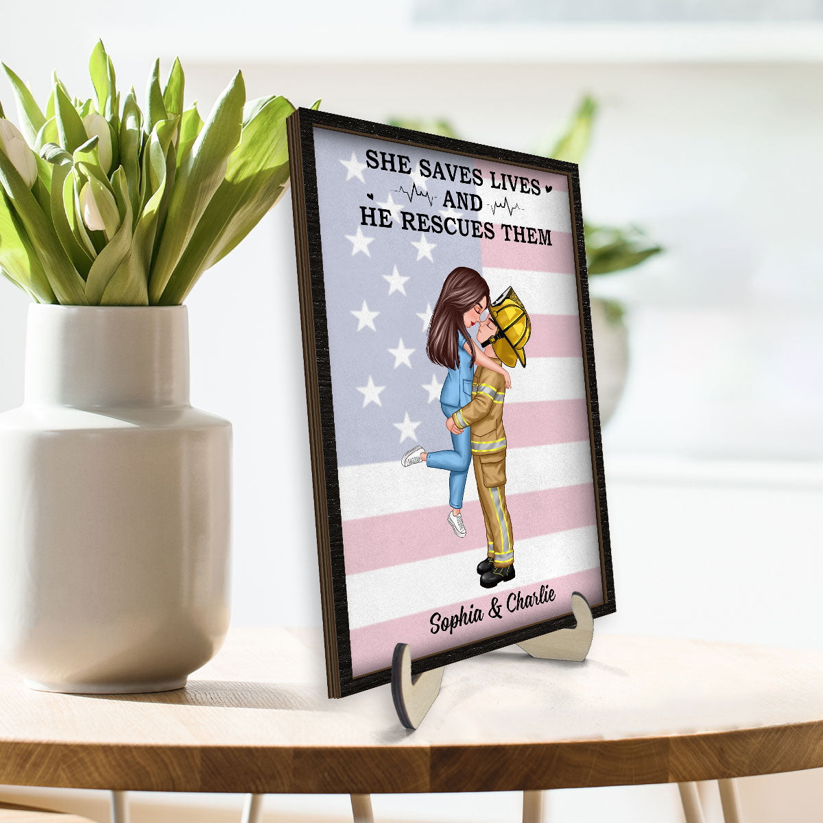 Nation Flag Couple Valentine‘s Day Gifts by Occupation Gift For Her Gift For Him Firefighter, Nurse, Police Officer Personalized 2-Layer Wooden Plaque