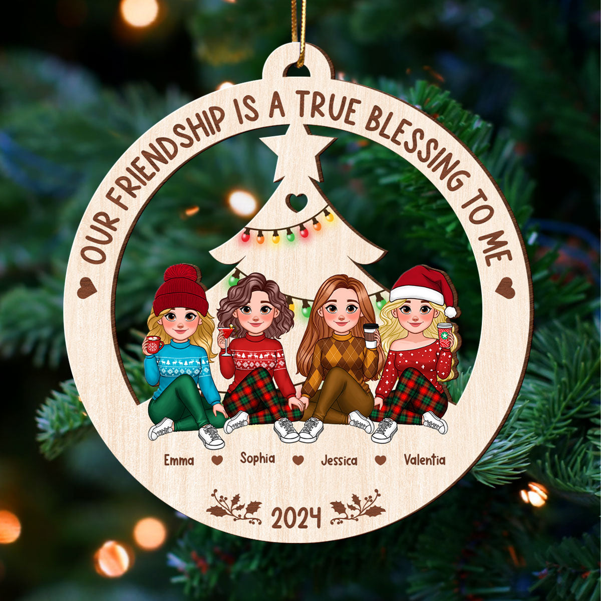 Animated Besties Christmas Tree Personalized Wooden Ornament, Christmas Gift For Best Friends