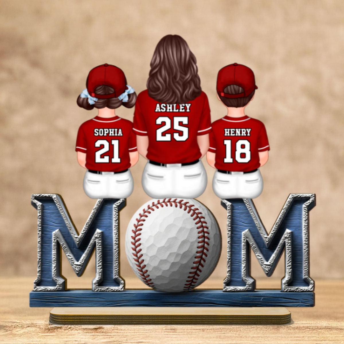 Baseball, Softball Mom And Kids Sitting On Text Personalized Standing Wooden Plaque, Gift for Wife, Gift for Mom