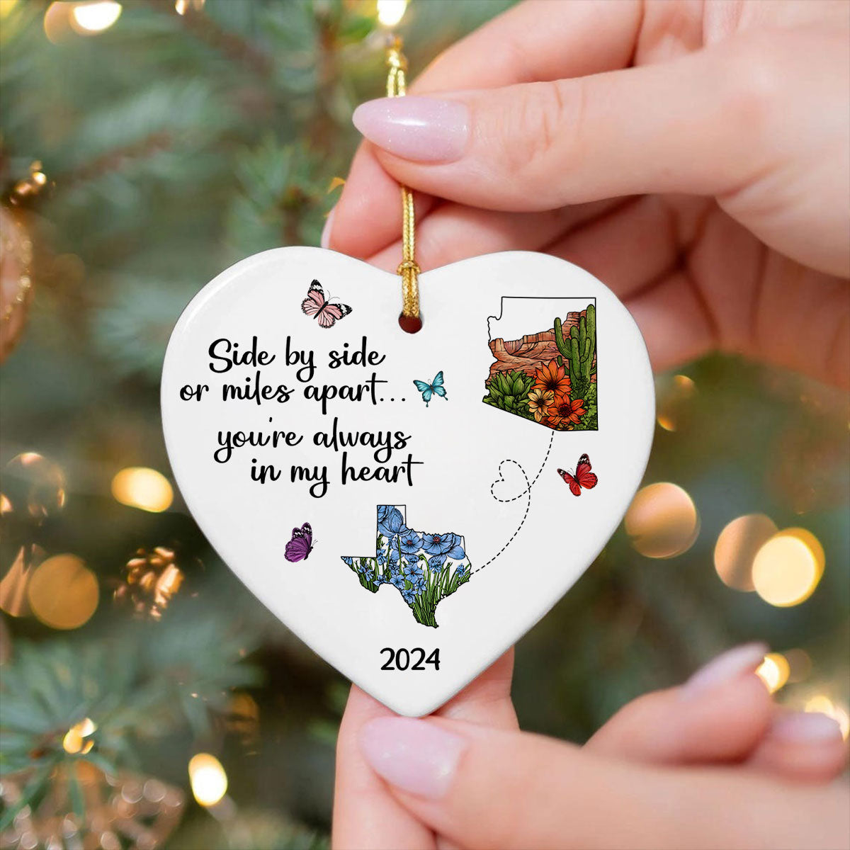 Miles Apart Long Distance Friendship Family Watercolor Wildflower State Map Personalized Ceramic Heart Ornament, Togetherness Keepsake