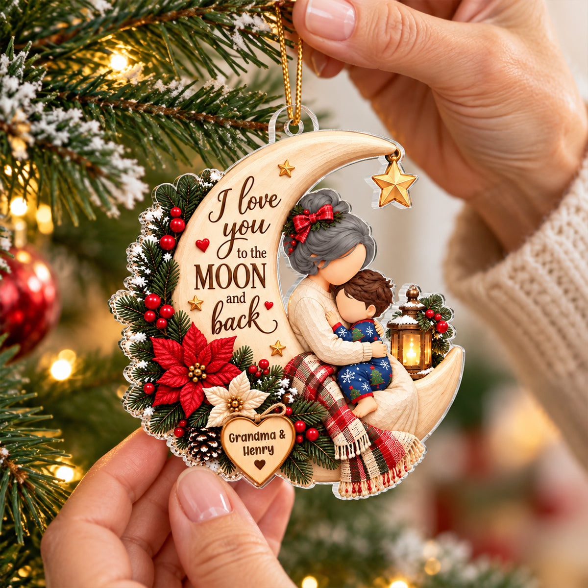 Grandma Loves Grandkid to the Moon and Back - Personalized Acrylic Ornament - Christmas Gift for Granddaughter, Grandson, Grandma
