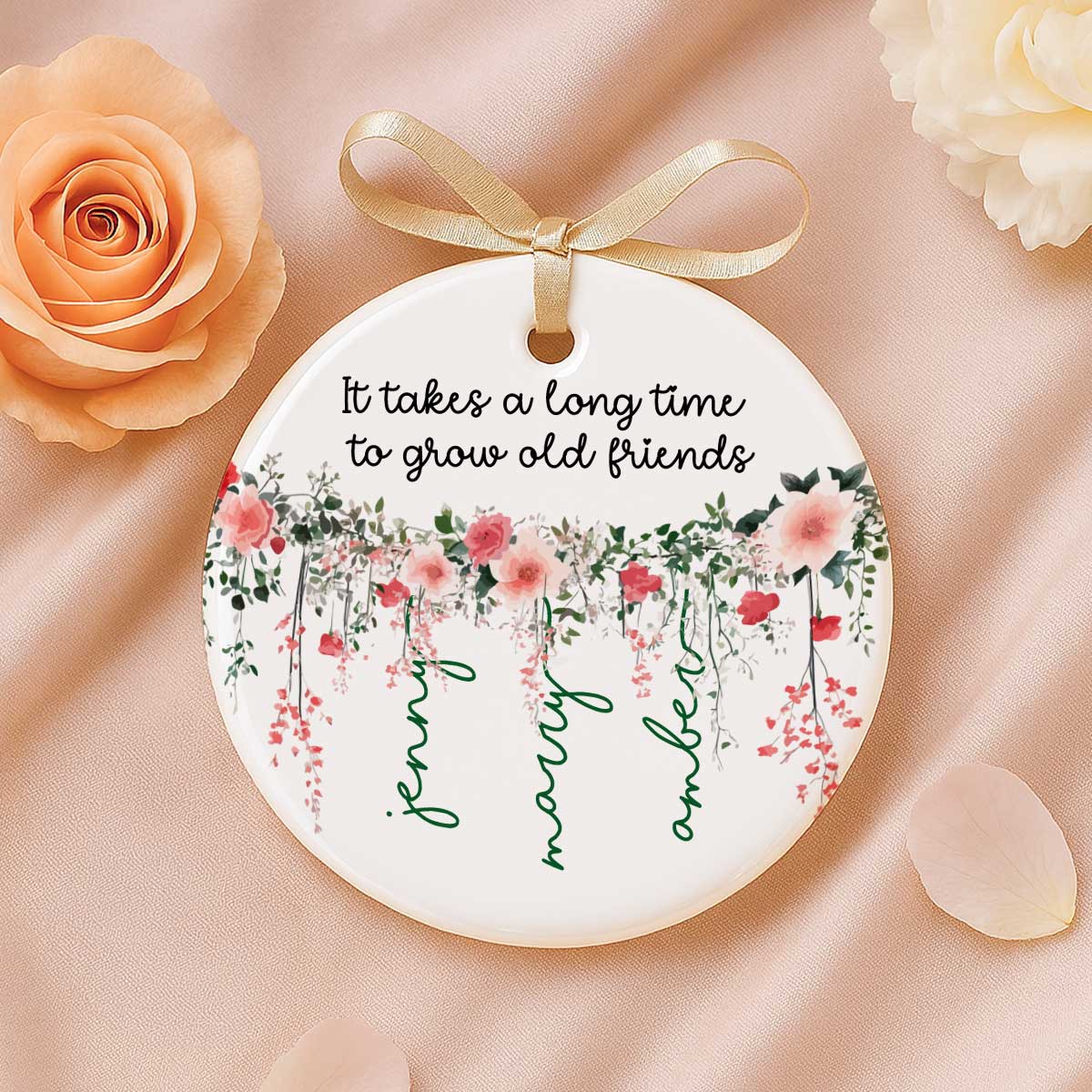 Grow Old Friends Vine Flowers Personalized Circle Ceramic Ornament, Gift for Besties, Best Friends