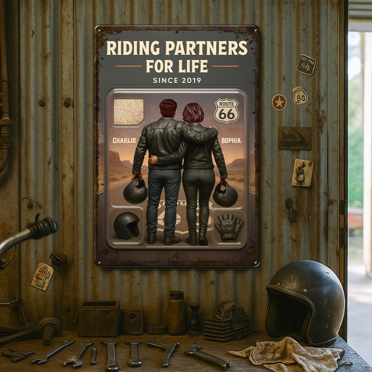 3D Effect Custom Figure Couple Bikers Riding Partners For Life Personalized Metal Sign