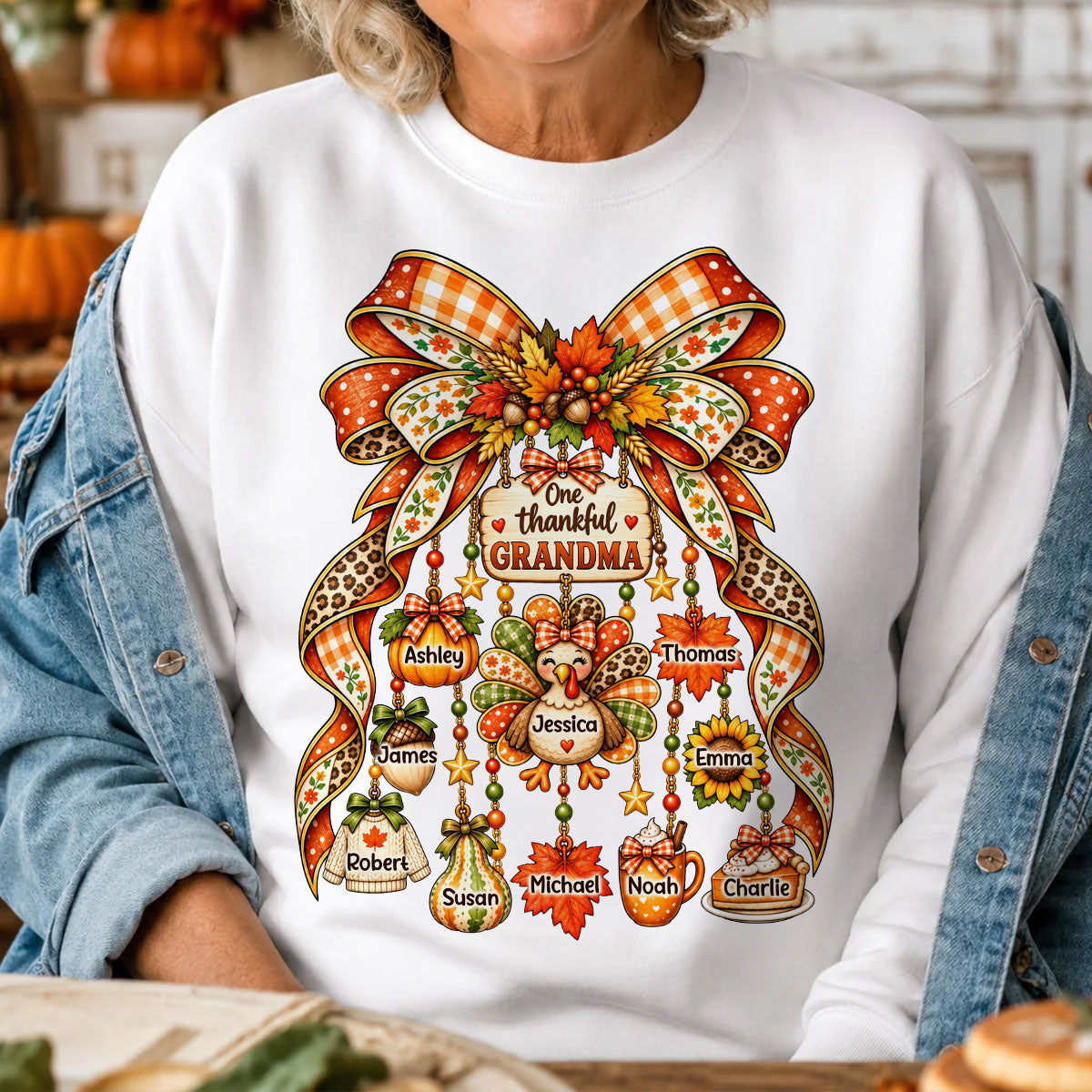 One Thankful Grandma Fall Thanksgiving Charm Bow - Personalized Shirt - Gift for Grandma