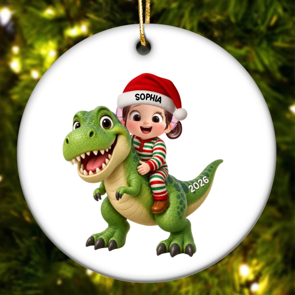 Trending Kid With Dinosaur Design For Boy Girl - Personalized Circle Ornament - Christmas Gift For Grandkids