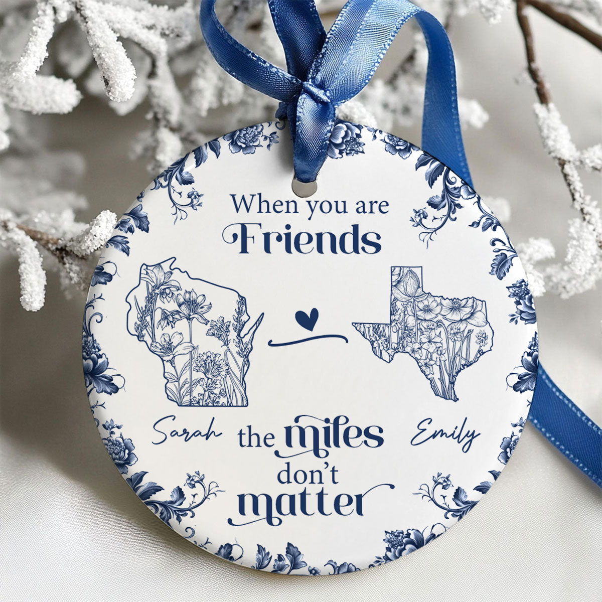 Blue Floral State Map Personalized Long Distance Friendship Ornament, Long Distance Best Friend Gift Moving Away Gift