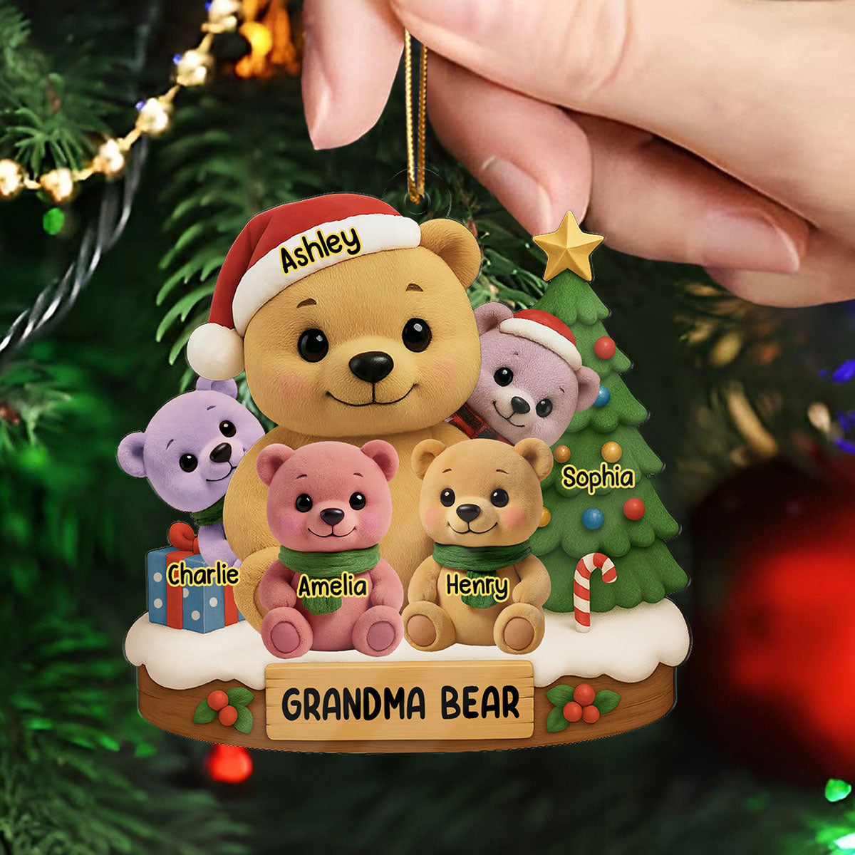 Grandma Bear Sitting with Grandkids Personalized Acrylic Ornament, Christmas Gift for Grandma