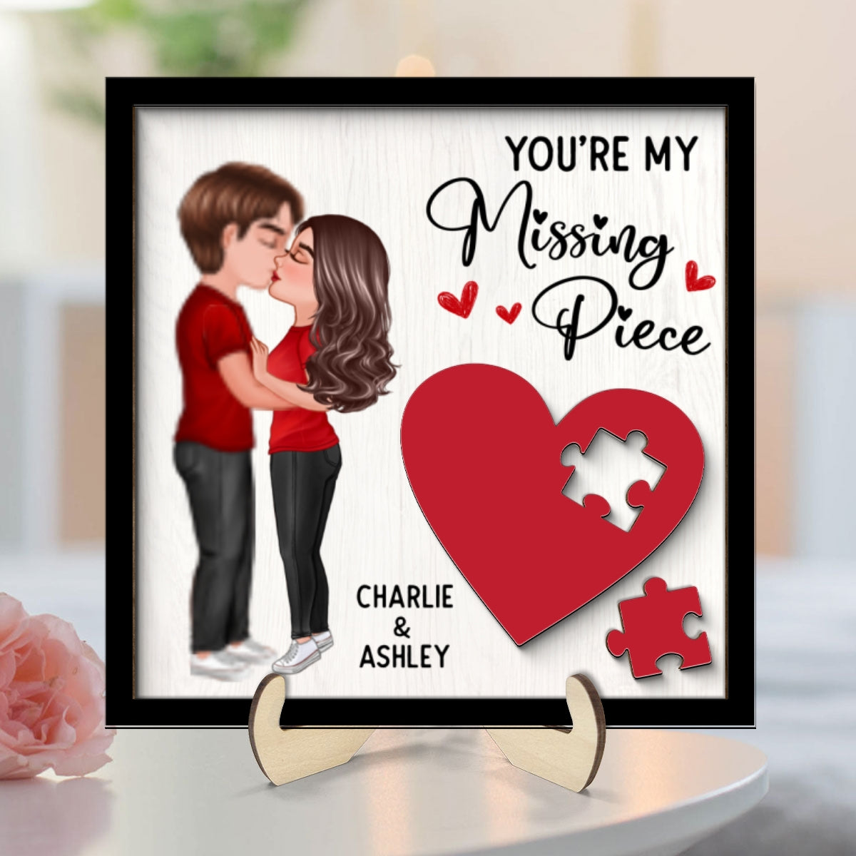 Couple Kissing Standing Red Heart Puzzle Personalized 2-layer Wooden Plaque, Valentine‘s Day Gift For Him, For Her