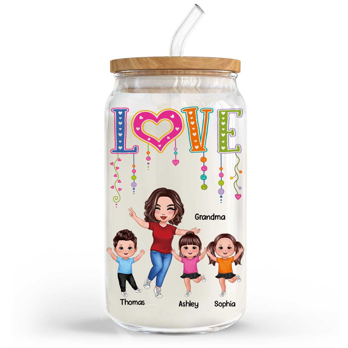 LOVE Happy Doll Grandma With Kids Personalized Clear Glass Can
