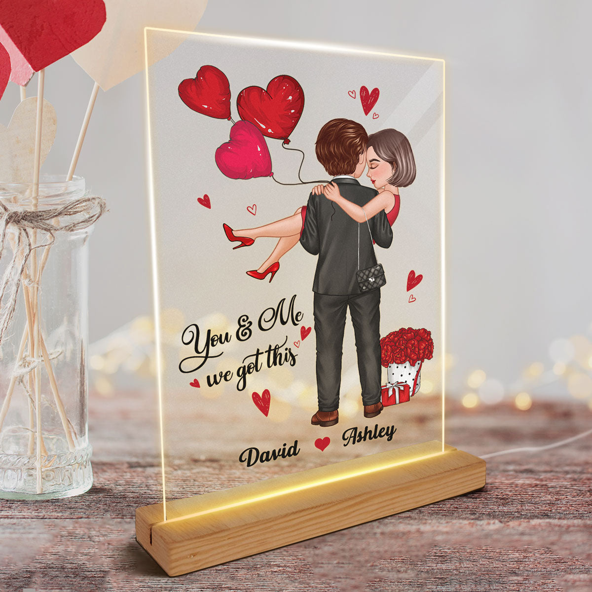 Embracing Hugging Doll Couple Personalized Plaque LED Night Light - Gift For Him Gift For Her