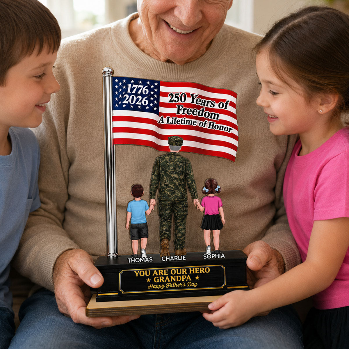 Proud American Army Military Veteran Grandpa Dad America 250th Anniversary - Personalized 2-Layered Wooden Plaque - Father's Day Gift For Dad, Grandpa Husband