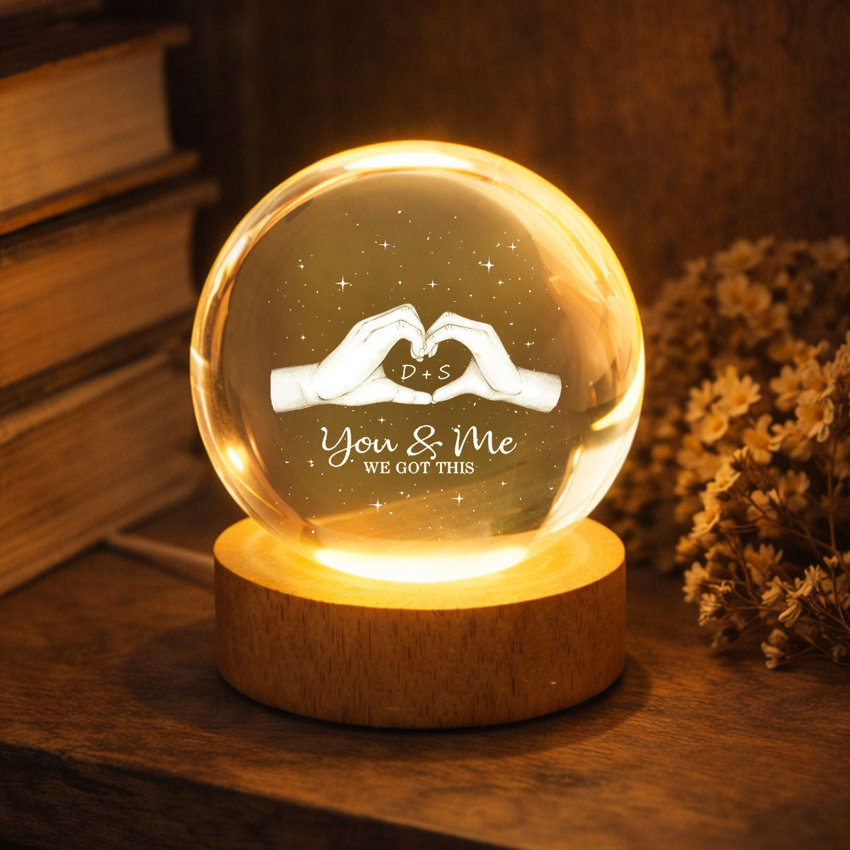 Hearts Hands Couple Initials - Personalized Crystal Ball LED Night Light - Valentine's Day Gift For Couple