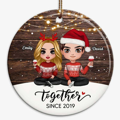 Snow Wood Doll Couple Sitting Together Since Personalized Circle Ornament