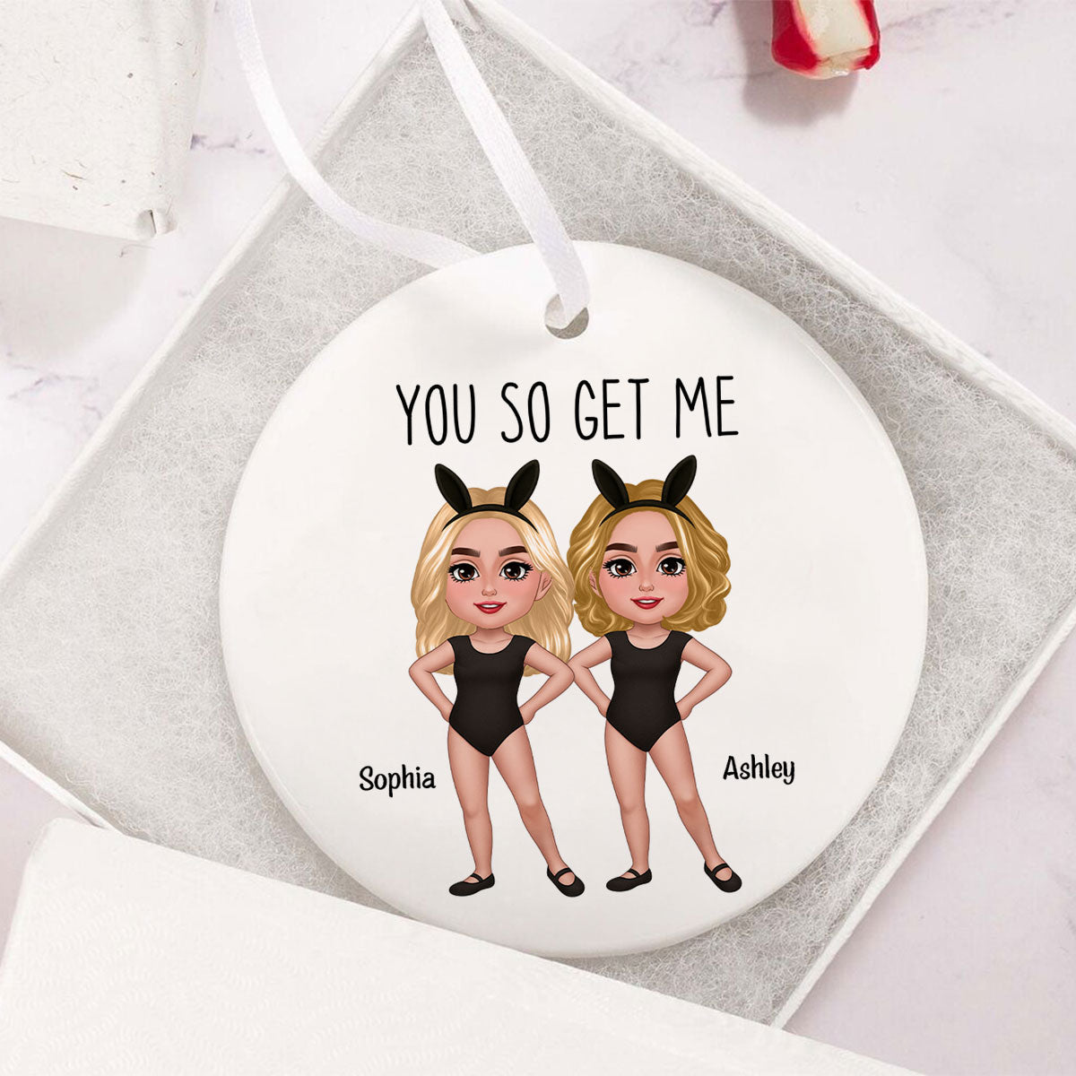 Besties Sisters With Bunny Ears Personalized Circle Ceramic Ornament, Funny Gift for Besties, Friends